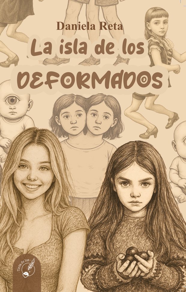 Tapa de La isla de los deformados: retratos a lápiz de chicas y bebés en tonos sepia.