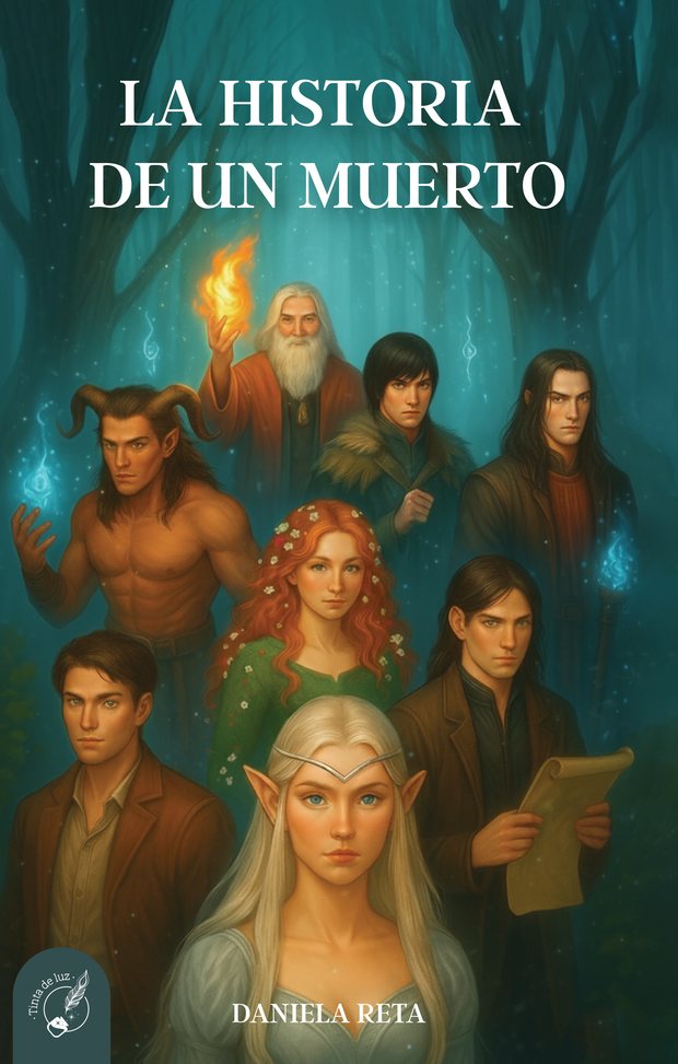 Tapa de La historia de un muerto: ocho personajes en un bosque de troncos azulados.